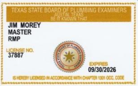 Texas Master Plumber RMP License #37887 — Jim Morey